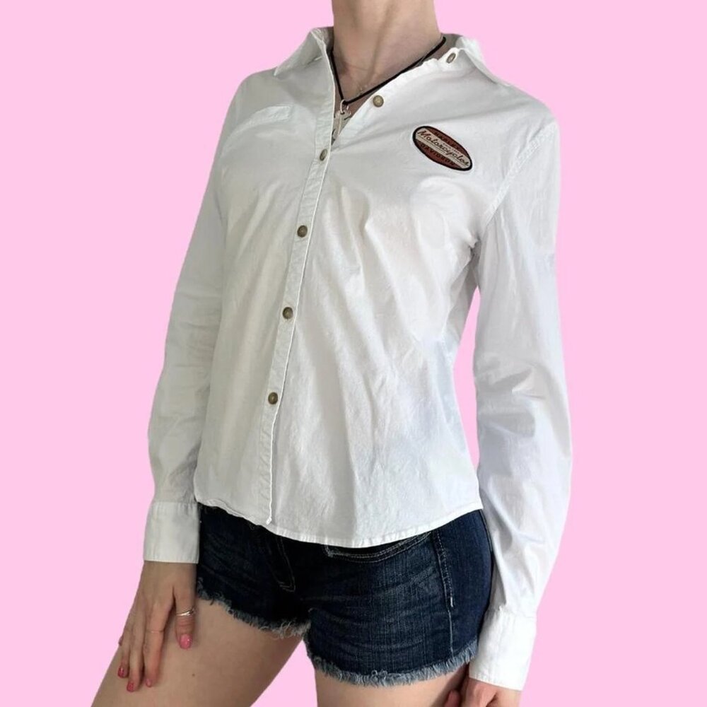 Harley-Davidson Women's White Moto Embroidered Button-Front Shirt Size XL